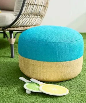 Turquoise & Tan Color Block Hermosa Outdoor Pouf, 23"